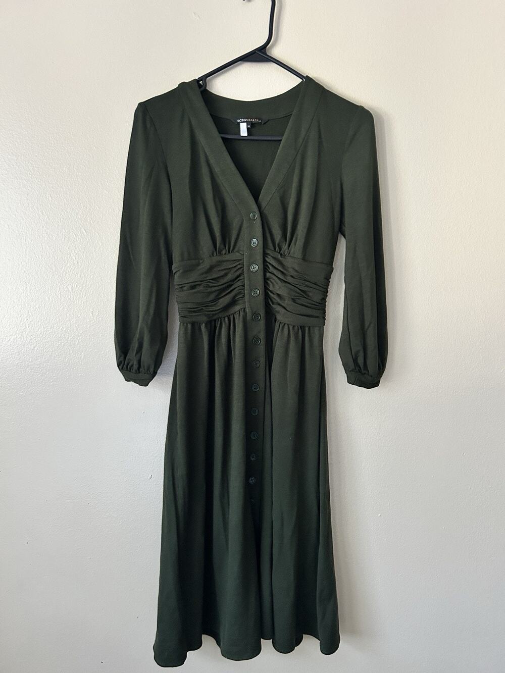 BCBGMAXAZRIA Olive Green Button Front Midi Dress Wool Blend V-Neck Sz XS